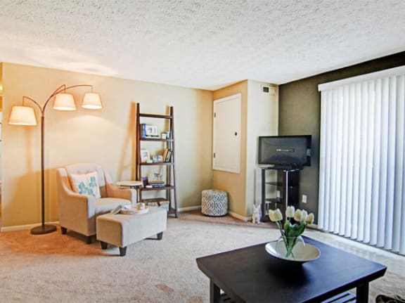 a living room with a tv and a table