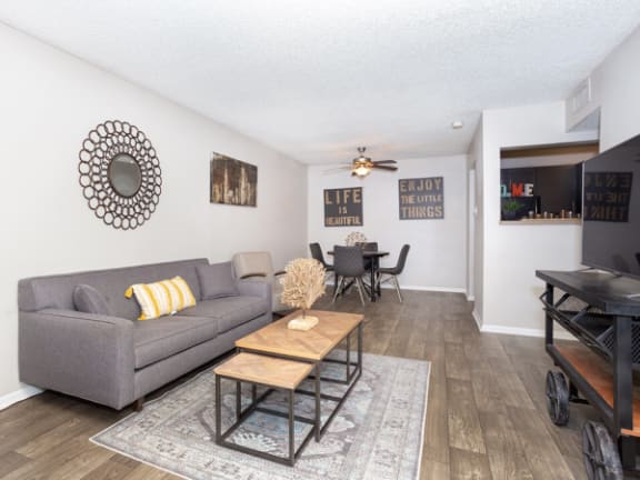 a living room with a couch and a table