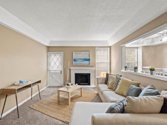 apartment living area with a couch and a fireplace