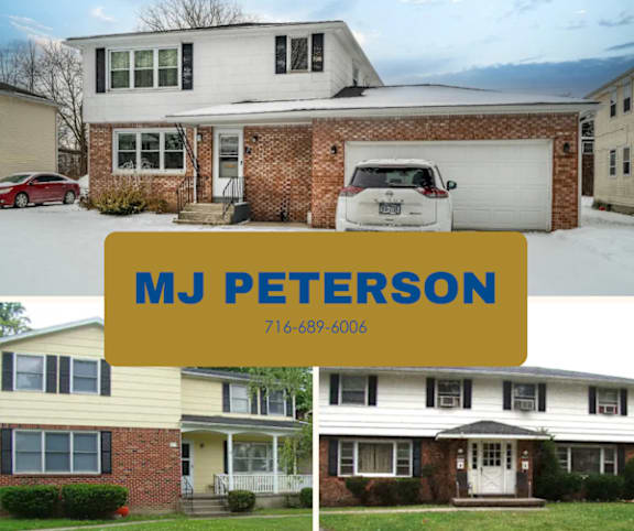 A real estate advertisement featuring a house and a car with the name MJ Peterson and a phone number.