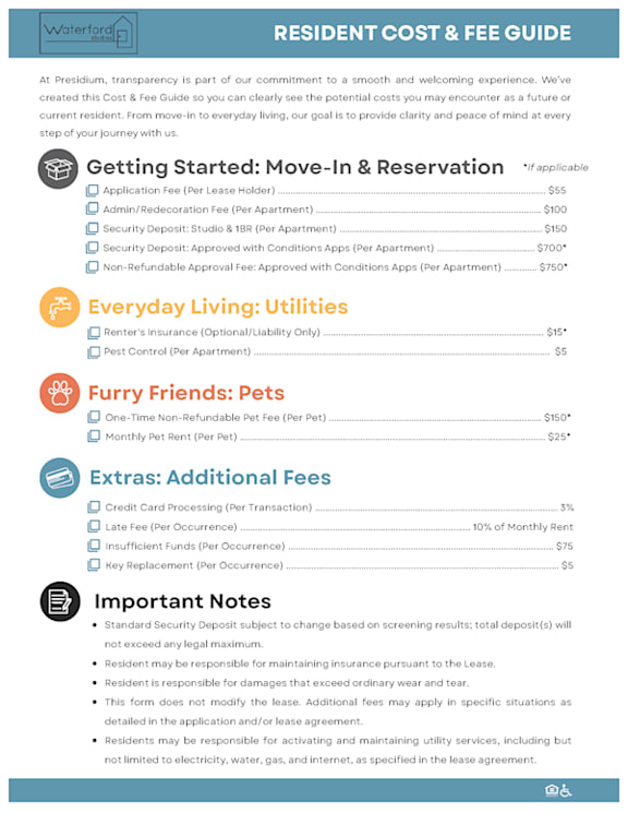 A detailed Resident Cost & Fee Guide for Waterford Residences.