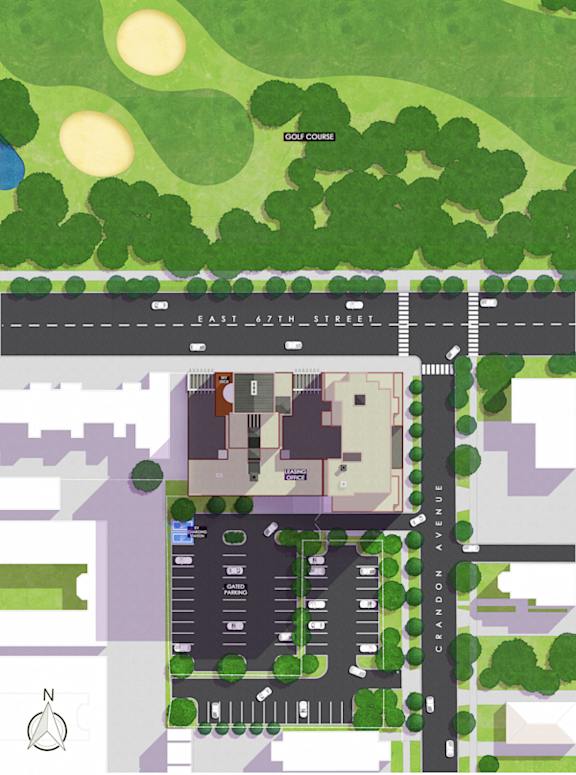 A map shows a street layout with a parking lot and a building.