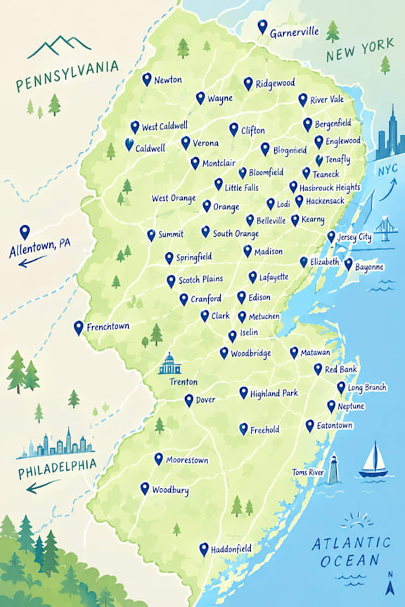 A map of New Jersey with various cities marked.