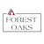 A logo with a black background and a red triangle with a line through it above the word "FOREST" and the word "OAKS" below it.