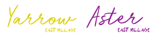 The image displays the words "Yarrow" and "Aster" in different colors and styles, both followed by the words "EAST VILLAGE" in a smaller font size.