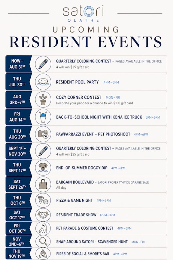 A list of upcoming resident events at Satori Olathe.
