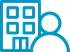 A blue icon of a person standing next to a building.