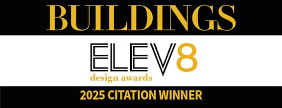 A black and gold award banner for the Elev8 design awards.