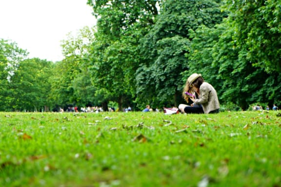a woman sitting on the grass in a park