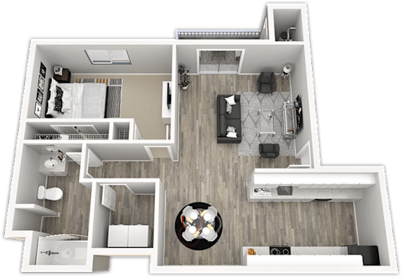 A 3D floor plan of a small apartment with a kitchen, living room, and bedroom.