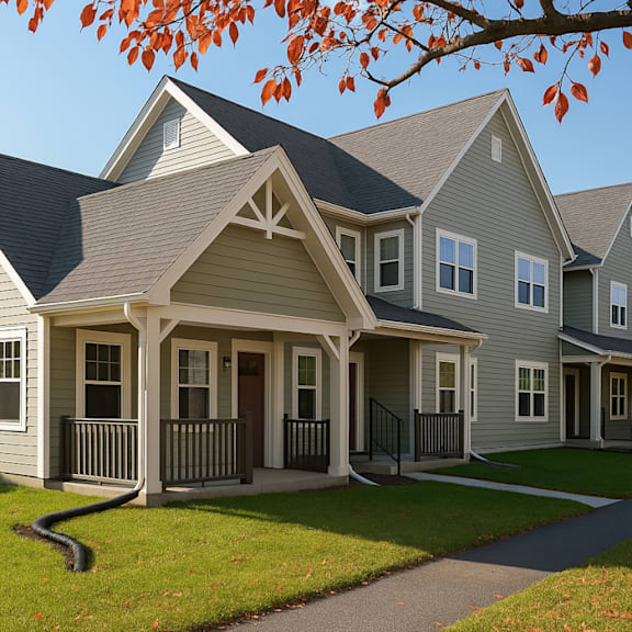 A house with a grey roof and a porch with a black railing.