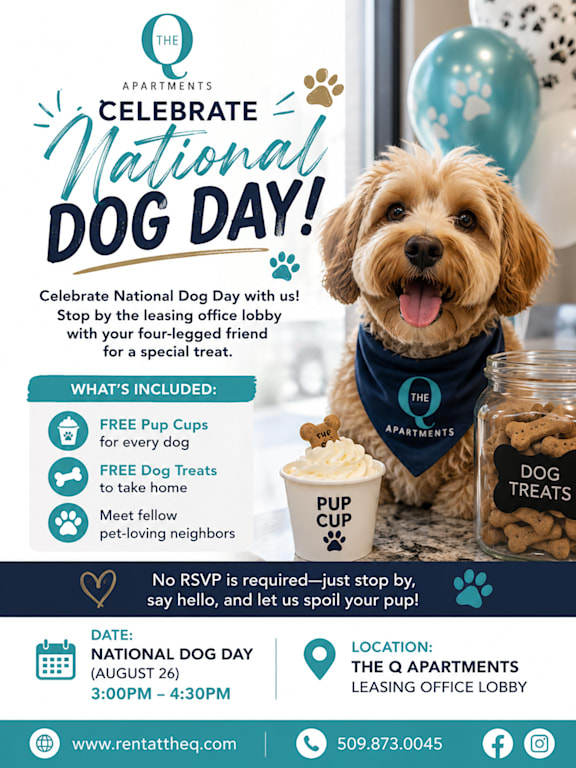 A poster advertises a National Dog Day event with free treats and a special dog-friendly lobby.