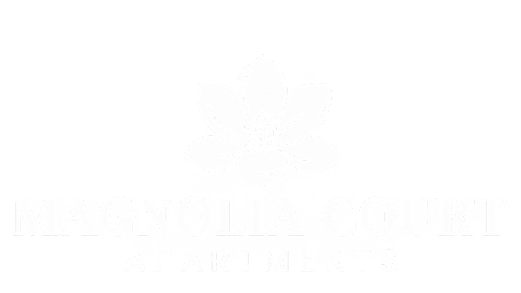 A black and white image of a lotus flower with the words "Magnolia Court Apartments" written below it.