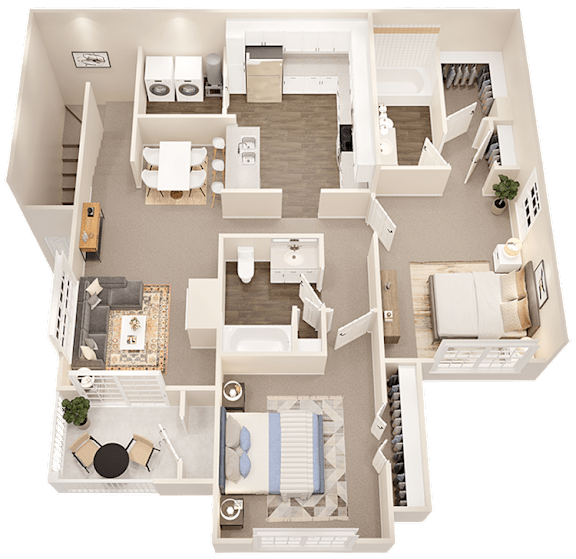 A 3D floor plan of a house with a kitchen, living room, and bedrooms.