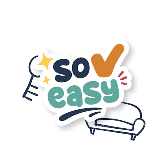 A sticker with the text "sov easy" and a drawing of a couch.