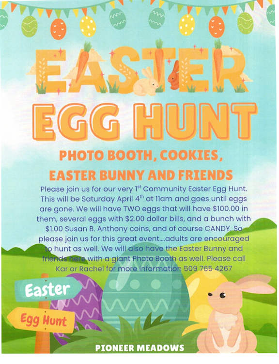 A colorful poster advertises a community Easter egg hunt with photo booths, cookies, and a bunny.