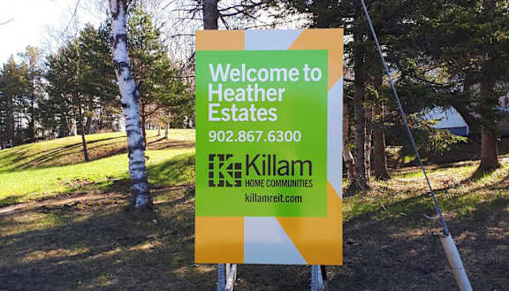 A sign welcoming people to Heather Estates in Killam.