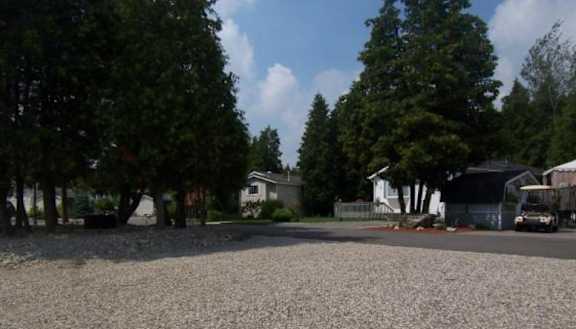 A gravel area with trees and houses in the background.