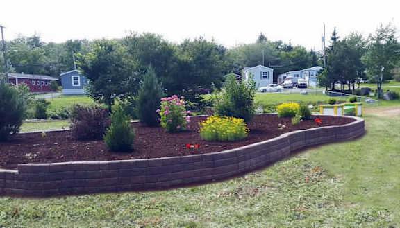 A garden with a brick border and a variety of plants.