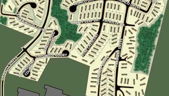 Map of a neighborhood with streets and buildings.