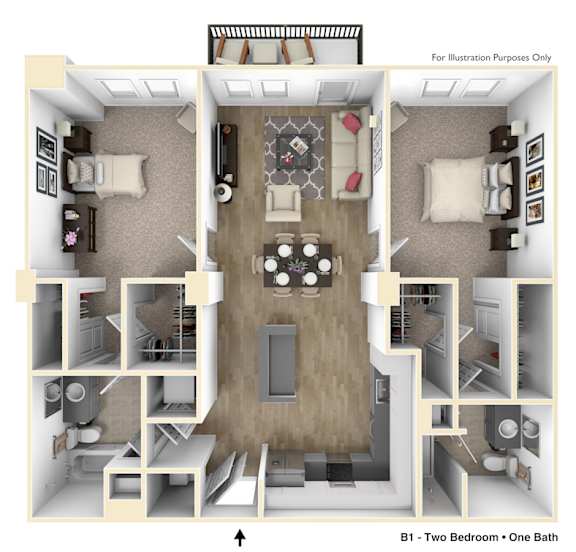 A 3D floor plan of a one-bedroom apartment with a bathroom.