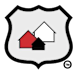 A white shield with a red house and a black house inside it.