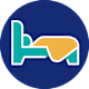 A blue circle with a white and yellow bed icon in the center.