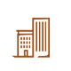 Two buildings are depicted in a simple brown line drawing.
