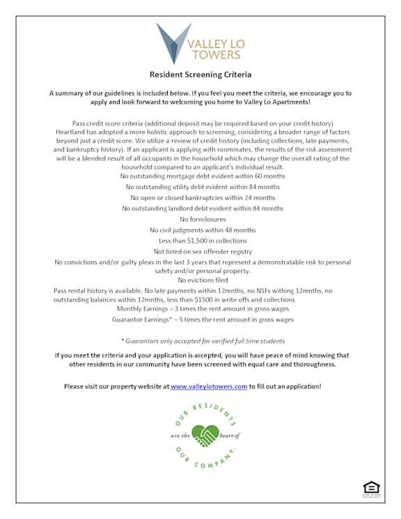 A document from Valley Lo Towers outlines the Resident Screening Criteria.