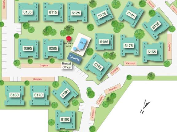 A map of a building with numbered rooms and a pool area.