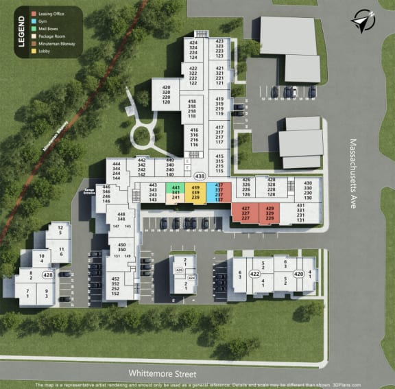 an aerial view of a building site with apartments and a parking lot