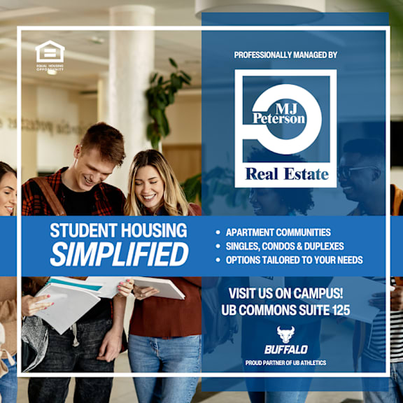 A real estate advertisement for MJ Peterson Real Estate, offering student housing simplified with options like apartments, communities, singles, condos, and duplexes, tailored to the needs of students, and located at UB