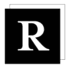 A black square with a green border and a white letter R in the center.