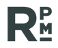 The image shows a large, bold, dark grey letter "R" to the left, a smaller dark grey letter "P" in the middle, and a larger dark grey letter "M" to the right, all on a black background.