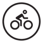 A black and white image of a person riding a bicycle inside a circle.