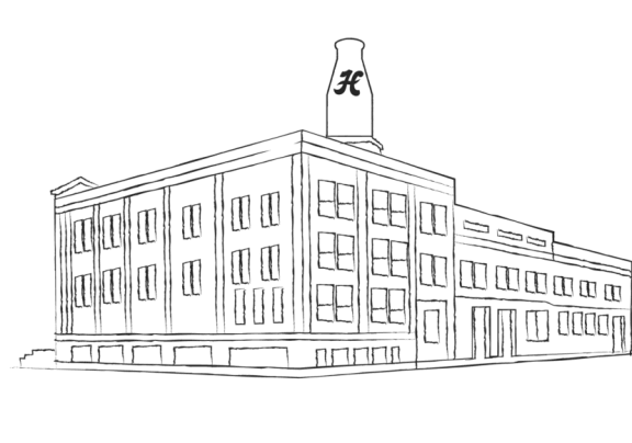a white outline of a large building on a black background