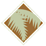 A brown mountain range is depicted in a green and brown diamond shape.