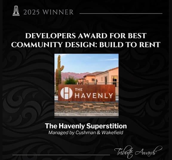 A poster announcing the 2025 Winner of the Developers Award for Best Community Design, The Havenly Superstition.