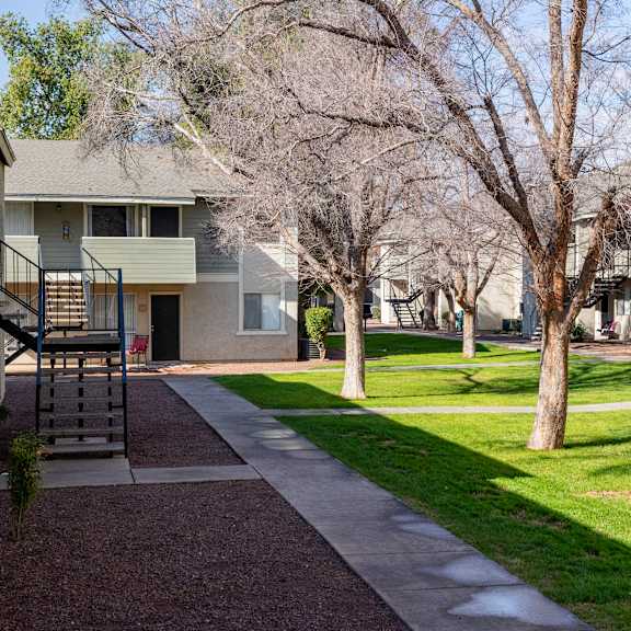 Apartment buildings and landscaped courtyard at Sagewood Apartments