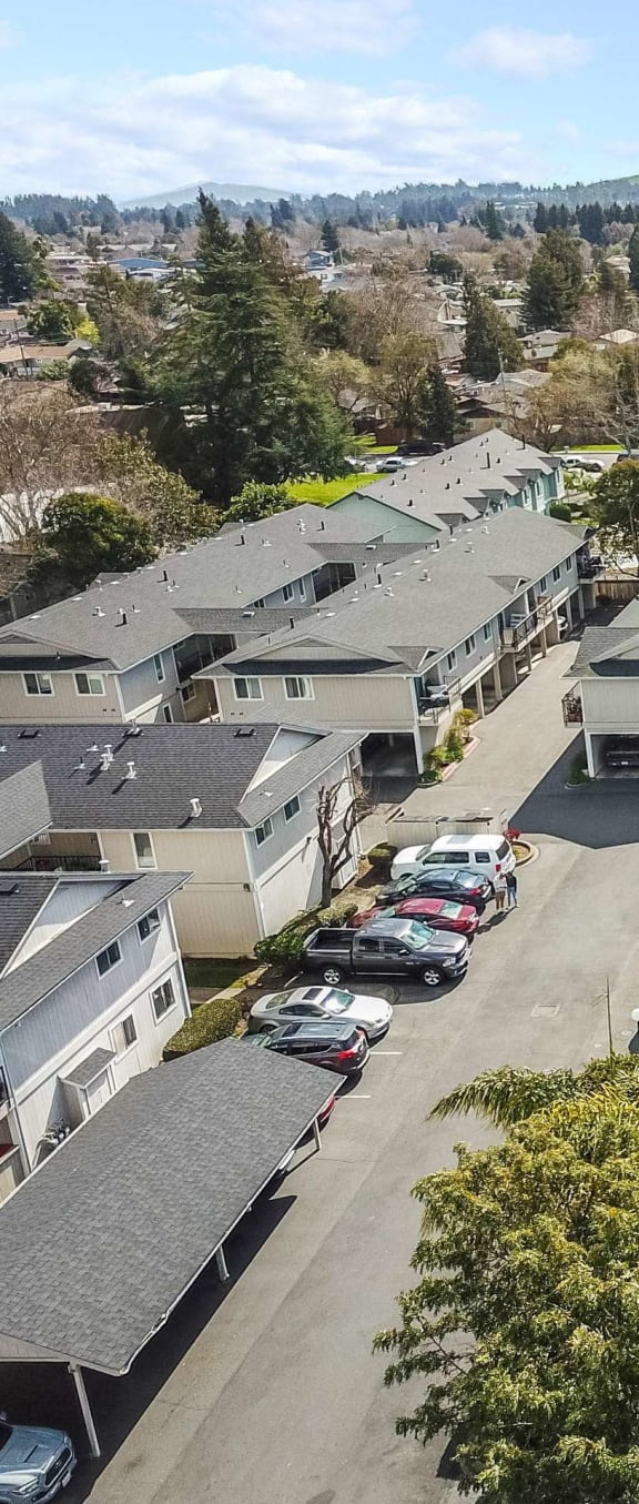 Aerial view of apartments and pool