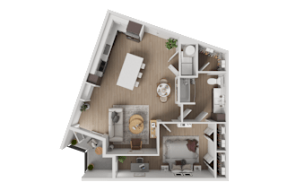 A 3D rendered image of a modern apartment layout.