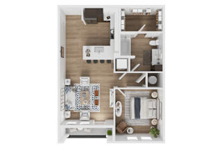 A top-down view of a small apartment with a bedroom, living room, and kitchen.