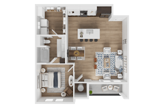 A top-down view of a modern apartment layout with a kitchen, living room, and bedrooms.