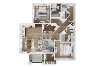 A detailed 3D floor plan of a house layout.