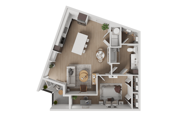 A 3D rendered image of a modern apartment layout.