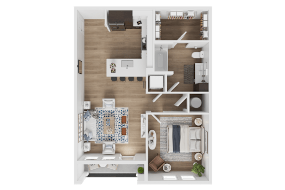 A top-down view of a small apartment with a bedroom, living room, and kitchen.