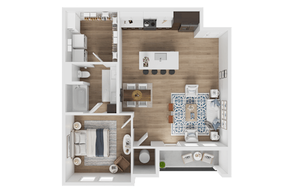 A top-down view of a modern apartment layout with a kitchen, living room, and bedrooms.