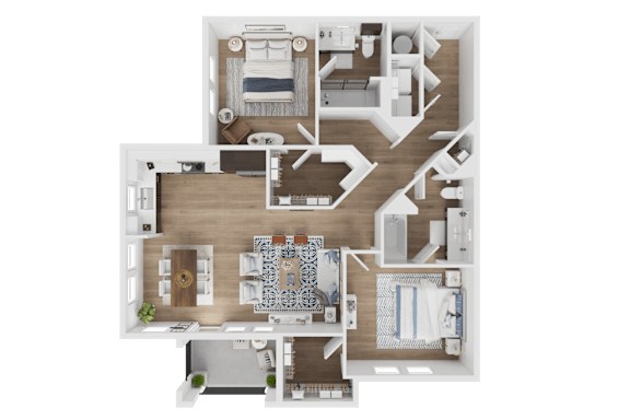 A detailed 3D floor plan of a house layout.