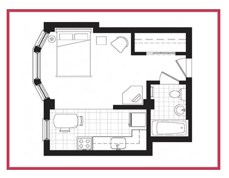 a floor plan of a small house with a bedroom and a living room