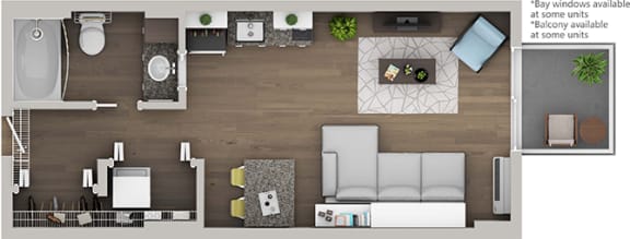 a top down view of a 1 bedroom apartment with a bathroom and living room
